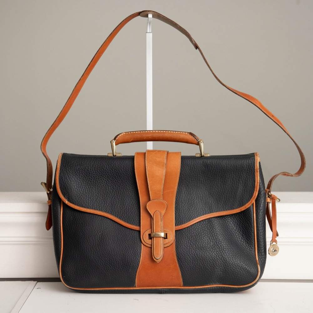 VTG Dooney & Bourke Equestrian Black Pebbled Leather Satchel Messenger Briefcase